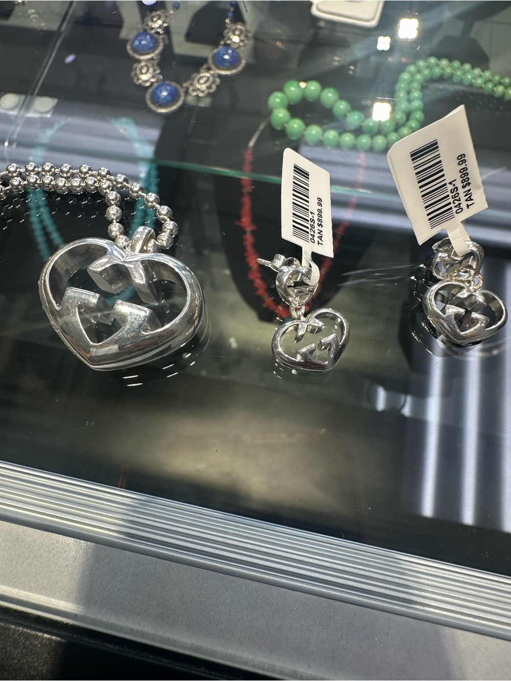 Silver Heart Pendant Necklace and Earrings Set - Interlocking Double G Motif